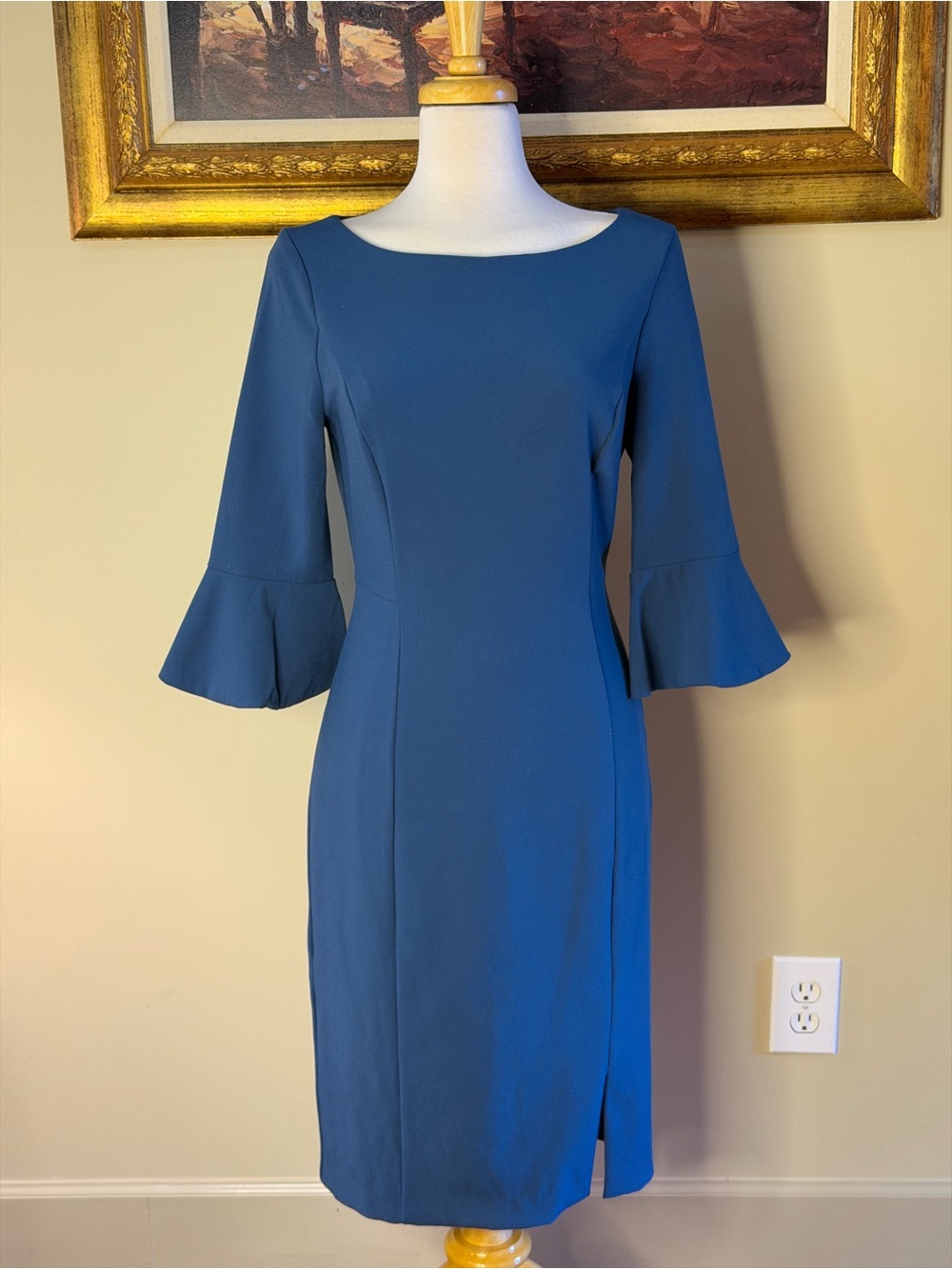 White House Black Market | Size 8. Elegant Teal Sheath Dress with Bell Sleeves